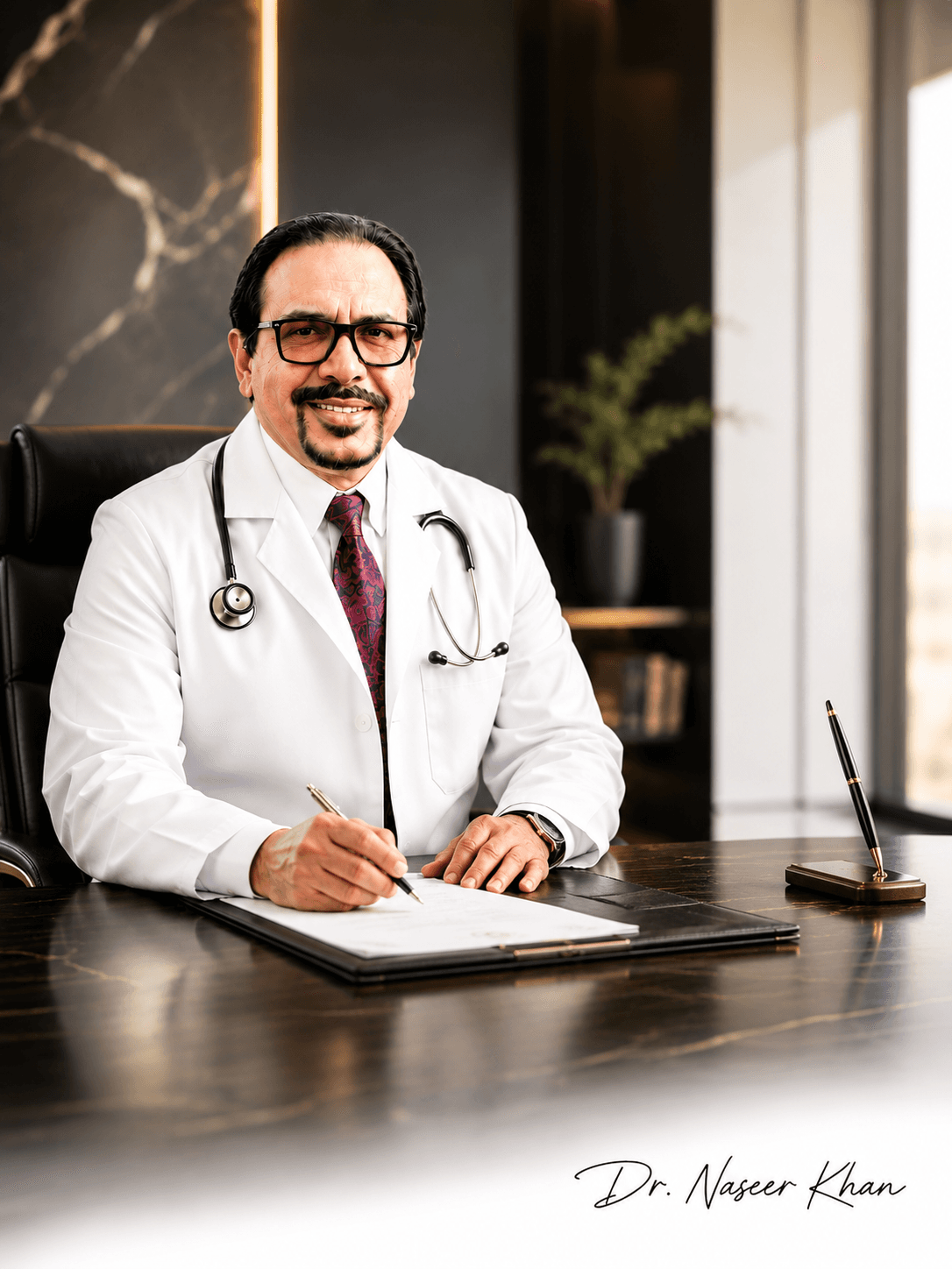 Dr. Naseer Khan, MD, seated at his desk in a white coat with a stethoscope
